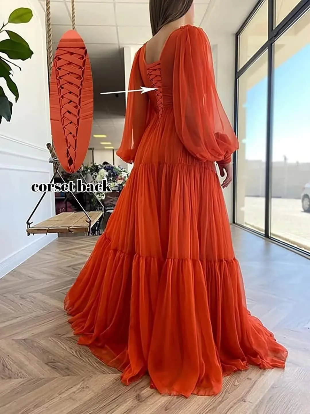 Long Puffy Sleeve Prom Dress V Neck Empire Waist Ball Gown Tulle Formal Evening Gowns for Women Formal