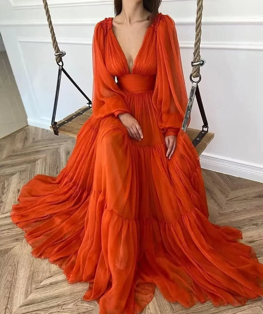 Long Puffy Sleeve Prom Dress V Neck Empire Waist Ball Gown Tulle Formal Evening Gowns for Women Formal