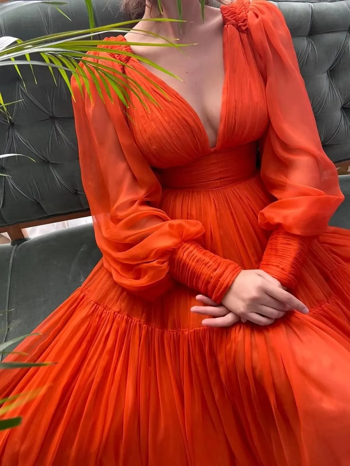 Long Puffy Sleeve Prom Dress V Neck Empire Waist Ball Gown Tulle Formal Evening Gowns for Women Formal