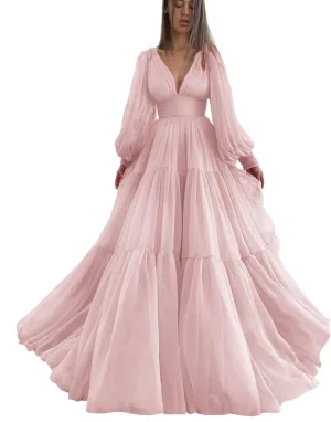 Long Puffy Sleeve Prom Dress V Neck Empire Waist Ball Gown Tulle Formal Evening Gowns for Women Formal