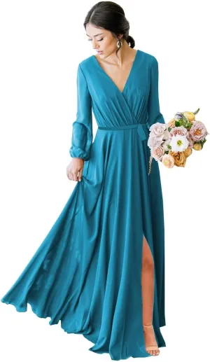 Long Sleeve Bridesmaid Dresses for Wedding Pleated Chiffon V Neck Formal Dress with Slit