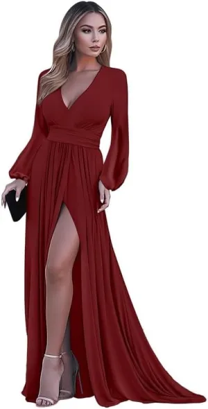 Long Sleeve Prom Dresses for Women 2025 Chiffon V Neck Formal Dress with Slit