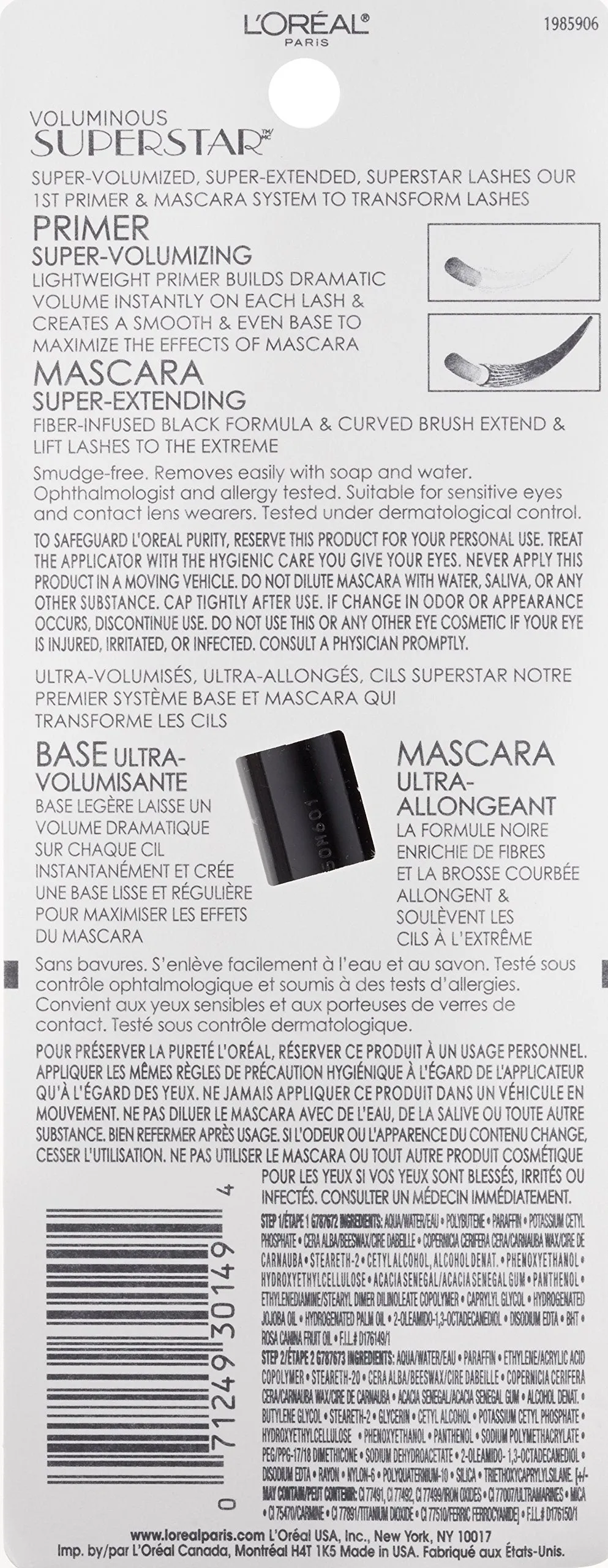 L'Oreal Paris Cosmetics Voluminous Superstar Washable Mascara, Blackest Black, 1 Tube