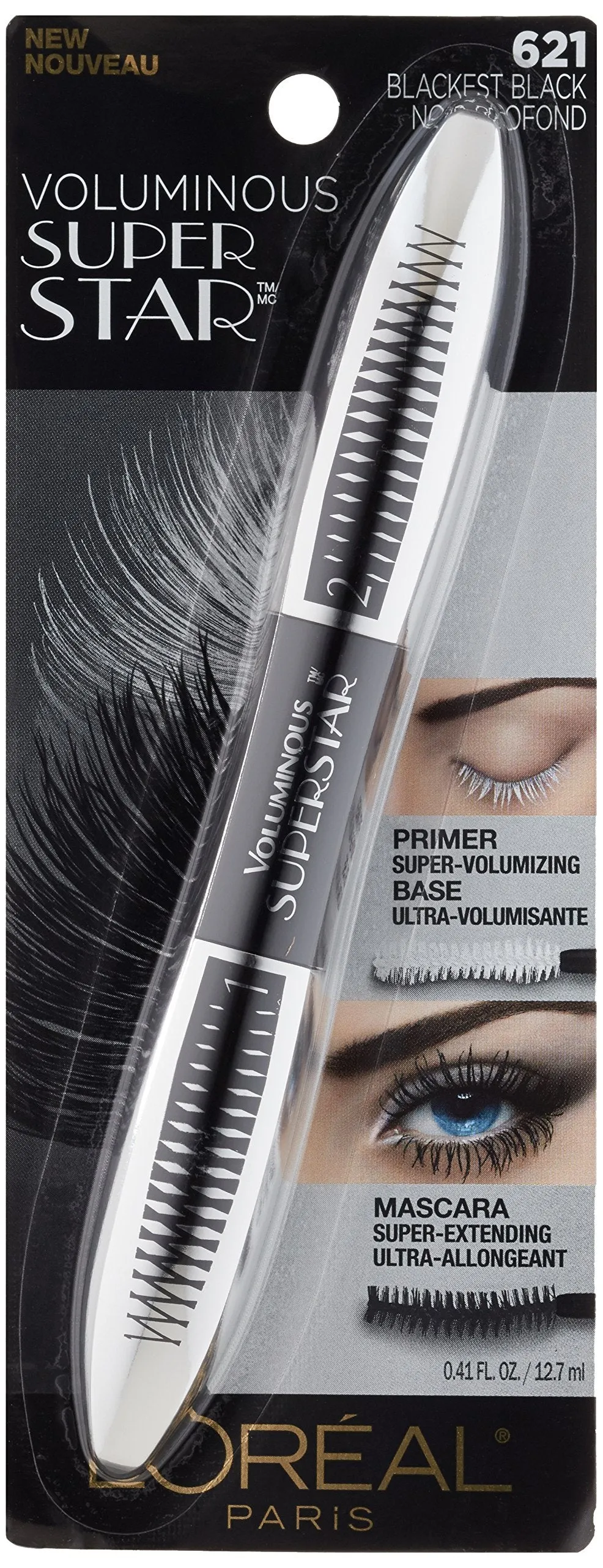 L'Oreal Paris Cosmetics Voluminous Superstar Washable Mascara, Blackest Black, 1 Tube