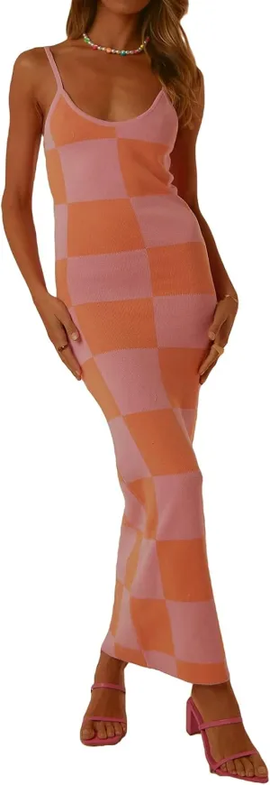 Low Cut Ribbed Knit Long Bodycon Sling Dress Sleeveless Spaghetti Straps Club Party Floral Maxi Dress for Women