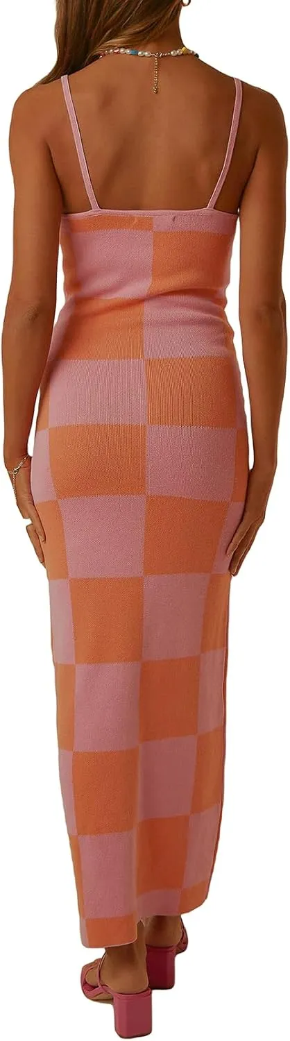 Low Cut Ribbed Knit Long Bodycon Sling Dress Sleeveless Spaghetti Straps Club Party Floral Maxi Dress for Women