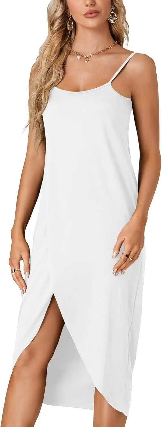 LYANER Women's Sleeveless Spaghetti Strap Split Asymmetrical Midi Beach Dress Summer Cover Ups Sundresses