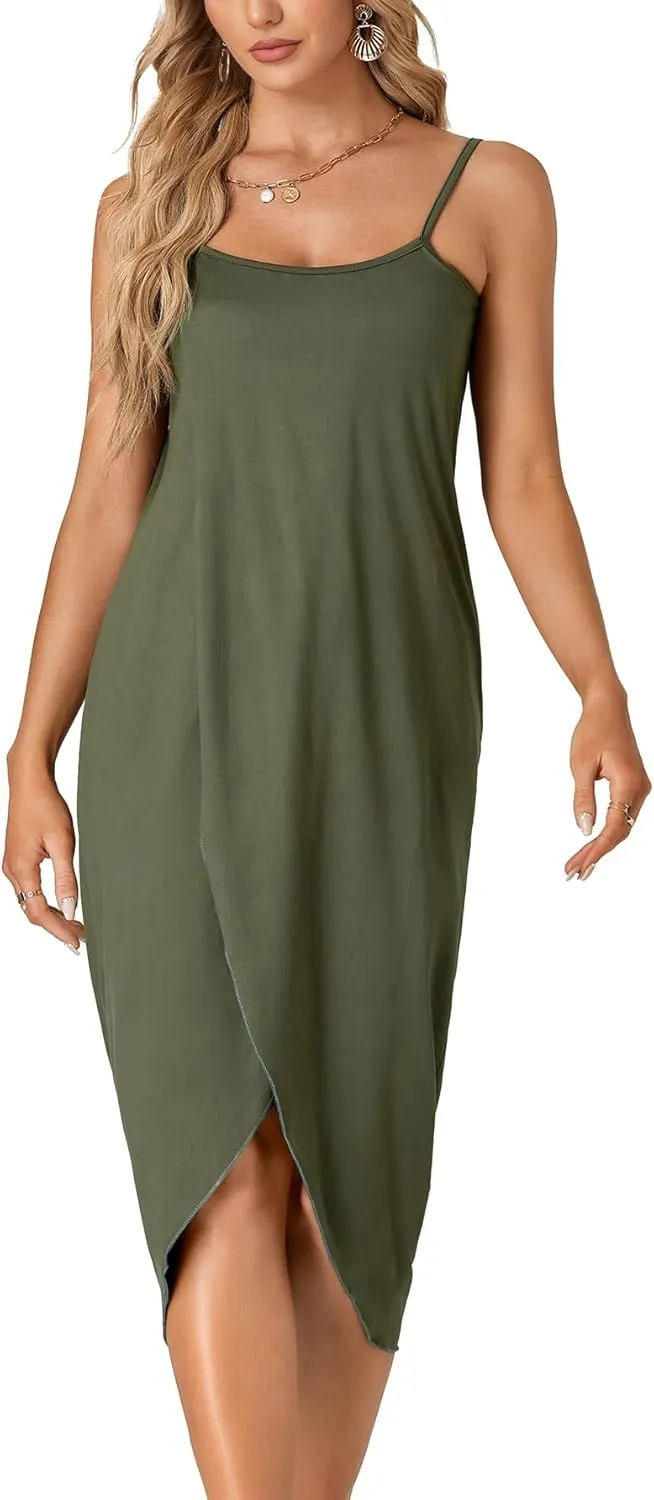 LYANER Women's Sleeveless Spaghetti Strap Split Asymmetrical Midi Beach Dress Summer Cover Ups Sundresses