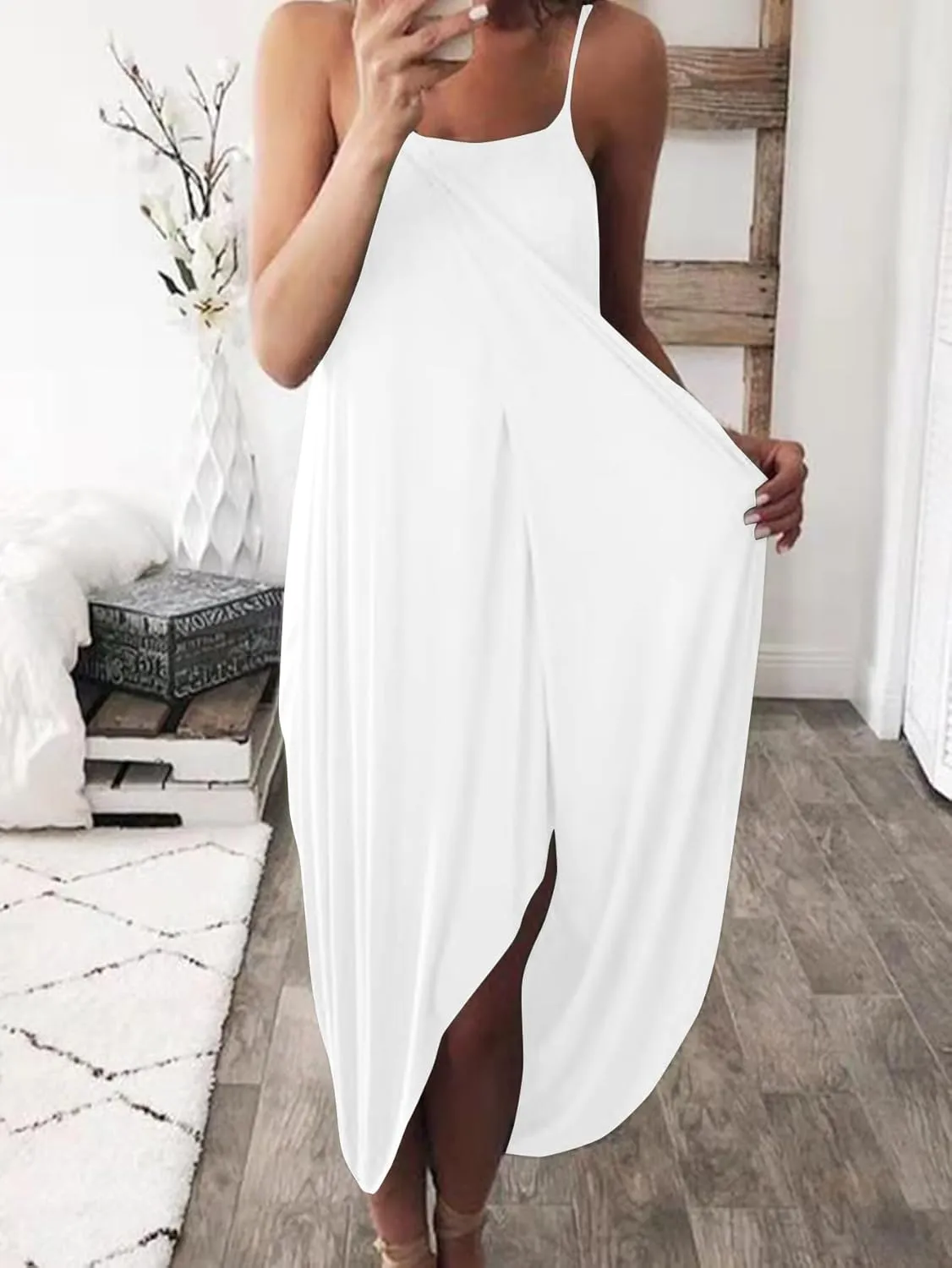 LYANER Women's Sleeveless Spaghetti Strap Split Asymmetrical Midi Beach Dress Summer Cover Ups Sundresses