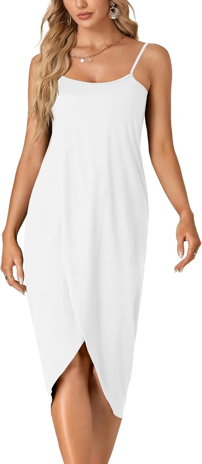 LYANER Women's Sleeveless Spaghetti Strap Split Asymmetrical Midi Beach Dress Summer Cover Ups Sundresses