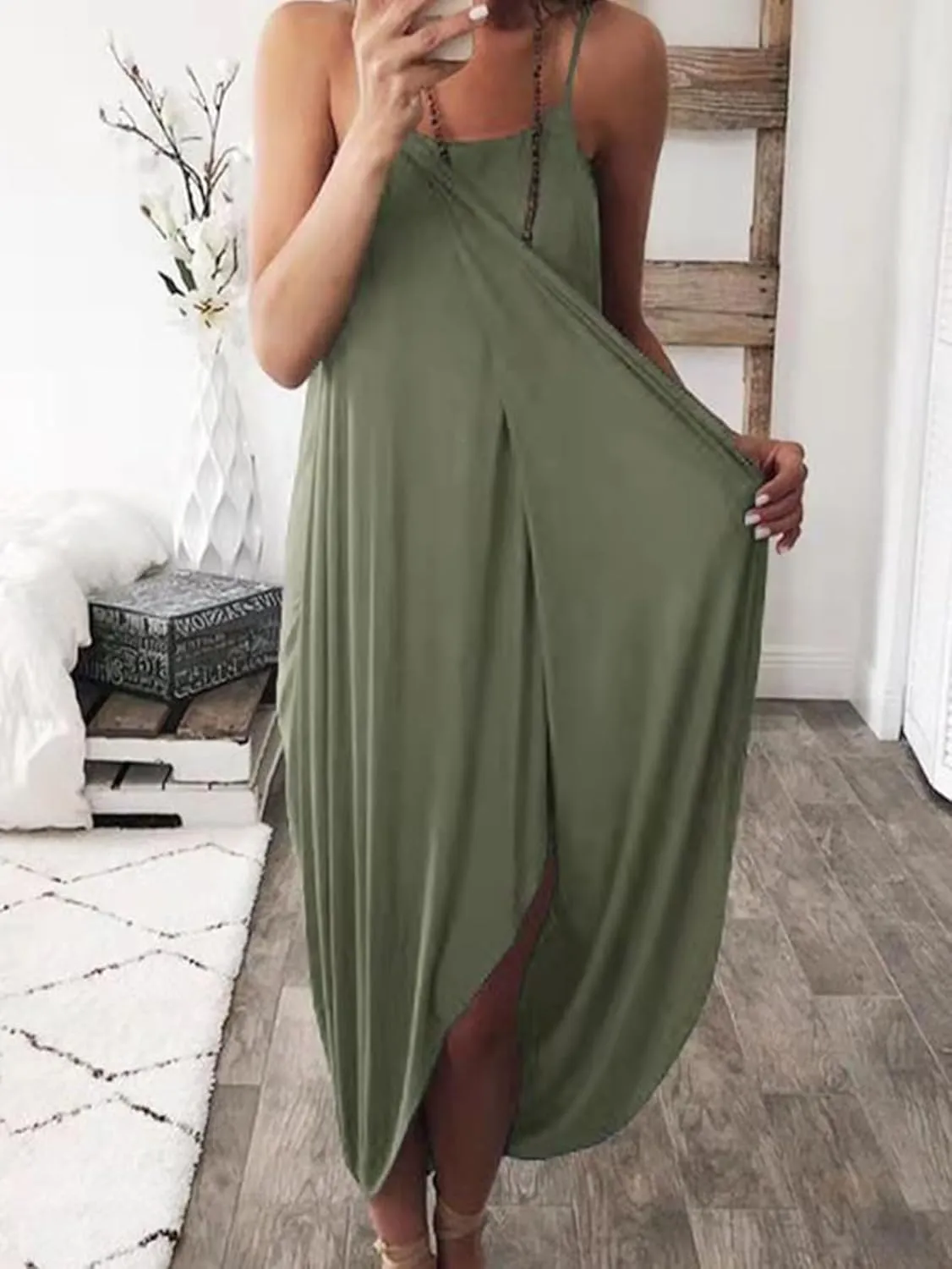 LYANER Women's Sleeveless Spaghetti Strap Split Asymmetrical Midi Beach Dress Summer Cover Ups Sundresses