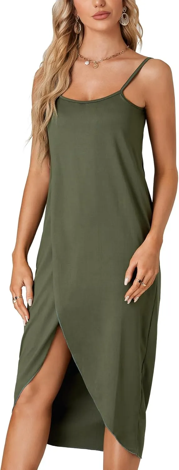 LYANER Women's Sleeveless Spaghetti Strap Split Asymmetrical Midi Beach Dress Summer Cover Ups Sundresses