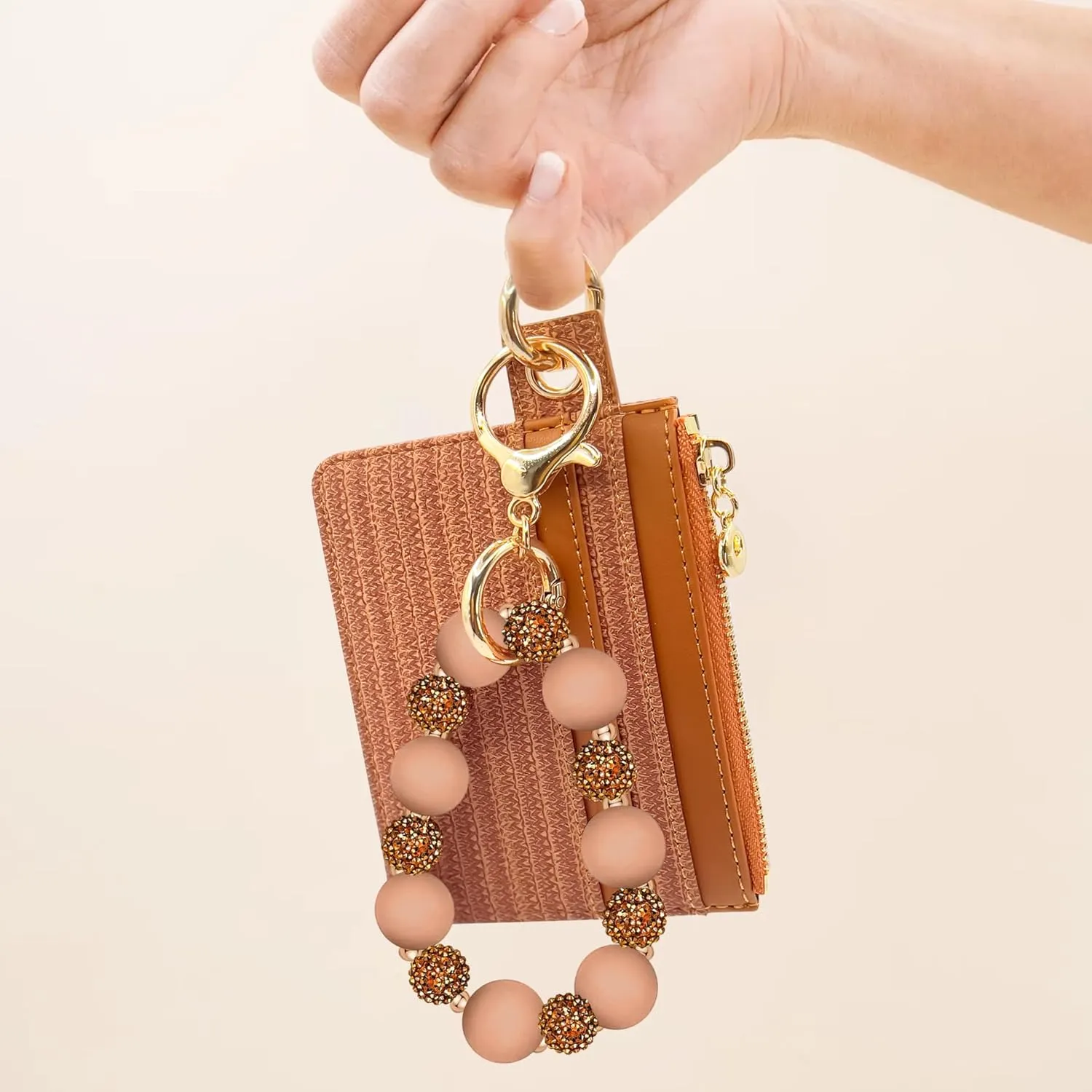 M-Plateau Wristlet Keychain With Wallet,Includ Beads Bracelets And Leather Credit Card Holder For Go Out Travel Essentials