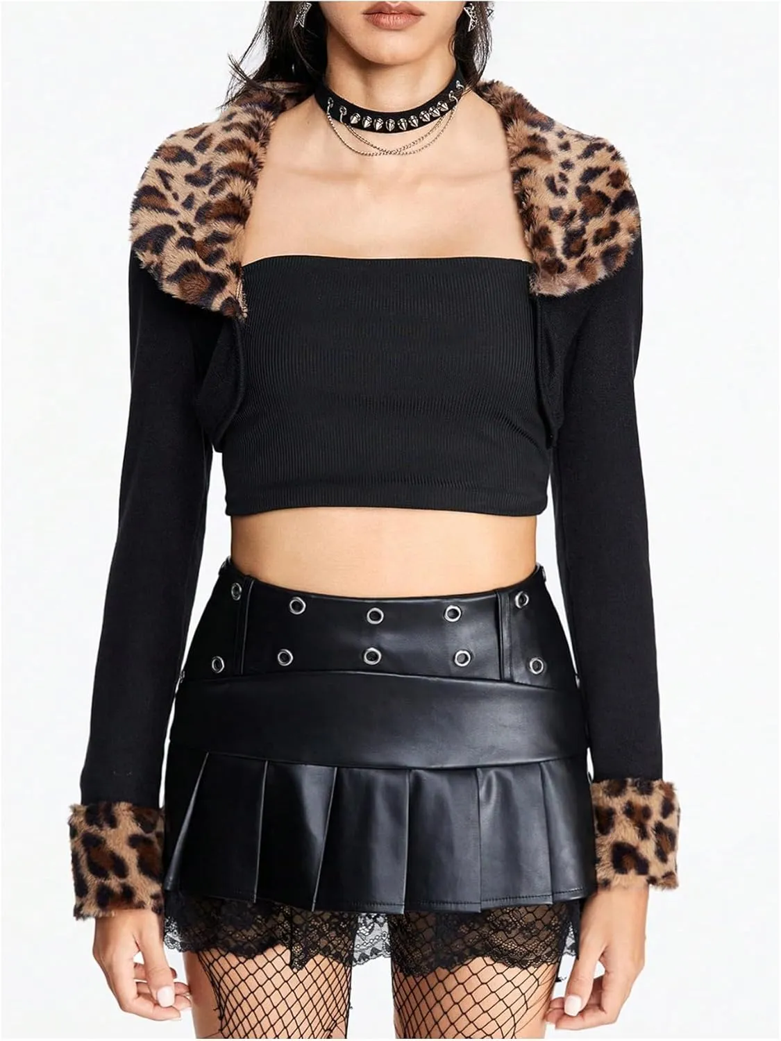 MakeMeChic Women's Cheetah Print Tops Y2K Cardigan Fuzzy Shrugs Open Front Long Sleeve Crop Tops