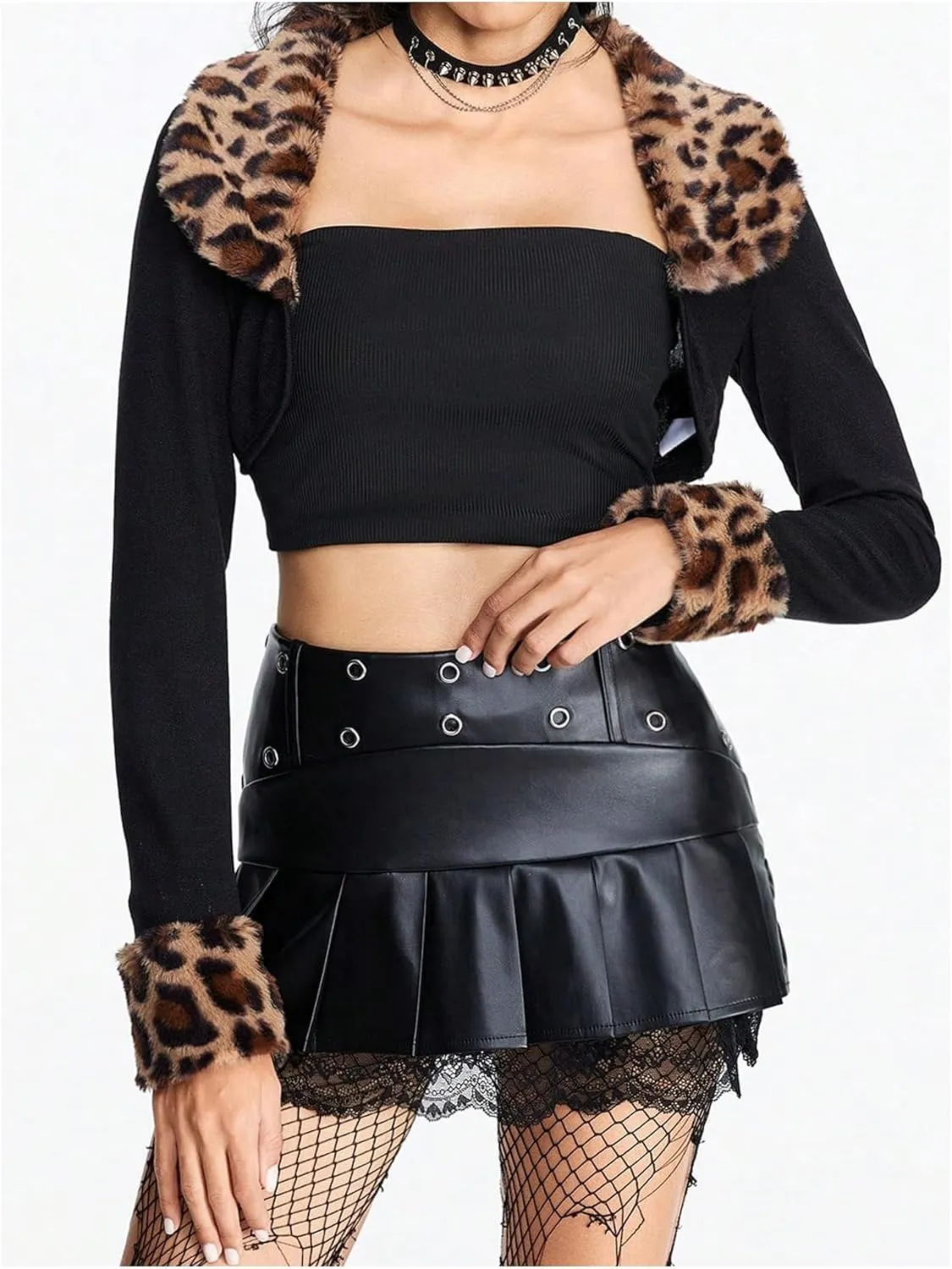 MakeMeChic Women's Cheetah Print Tops Y2K Cardigan Fuzzy Shrugs Open Front Long Sleeve Crop Tops