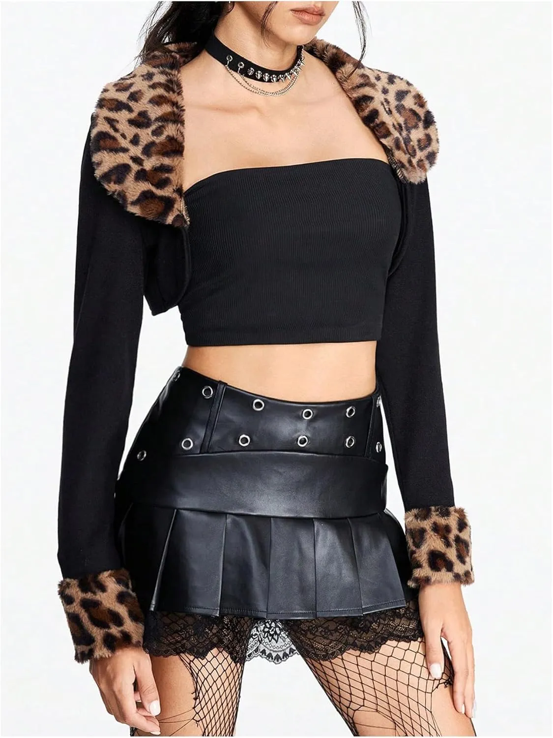 MakeMeChic Women's Cheetah Print Tops Y2K Cardigan Fuzzy Shrugs Open Front Long Sleeve Crop Tops