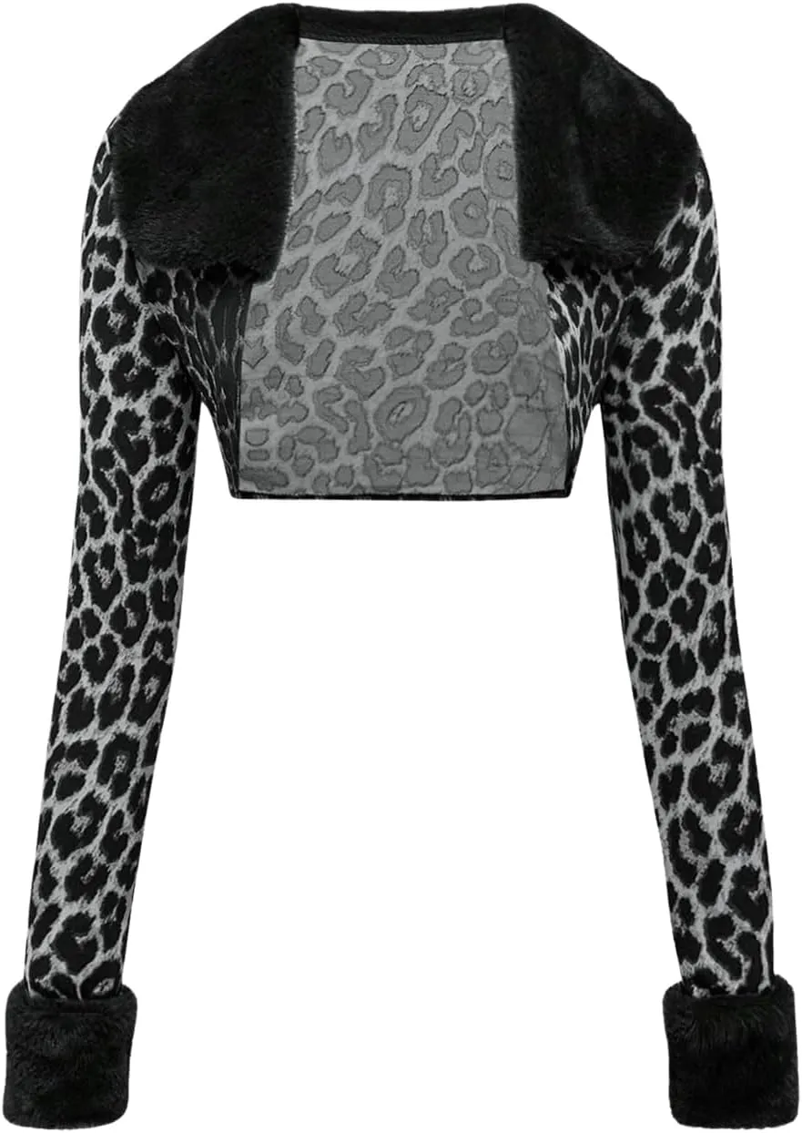 MakeMeChic Women's Cheetah Print Tops Y2K Cardigan Fuzzy Shrugs Open Front Long Sleeve Crop Tops