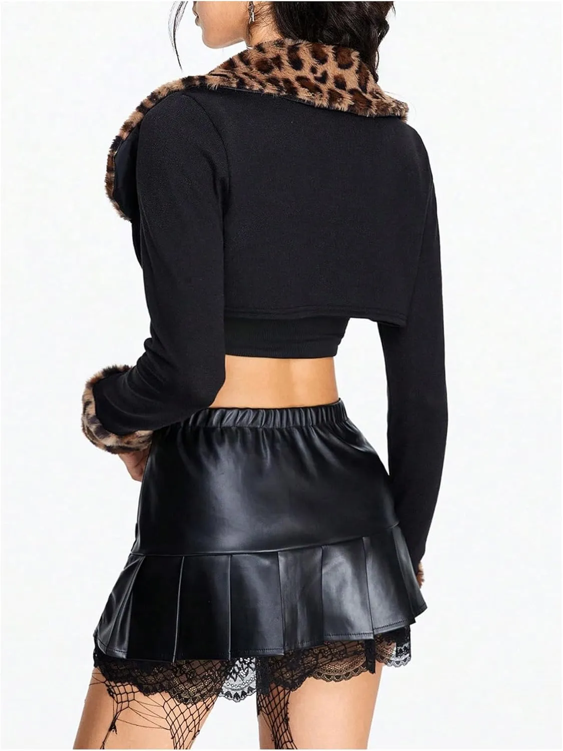 MakeMeChic Women's Cheetah Print Tops Y2K Cardigan Fuzzy Shrugs Open Front Long Sleeve Crop Tops