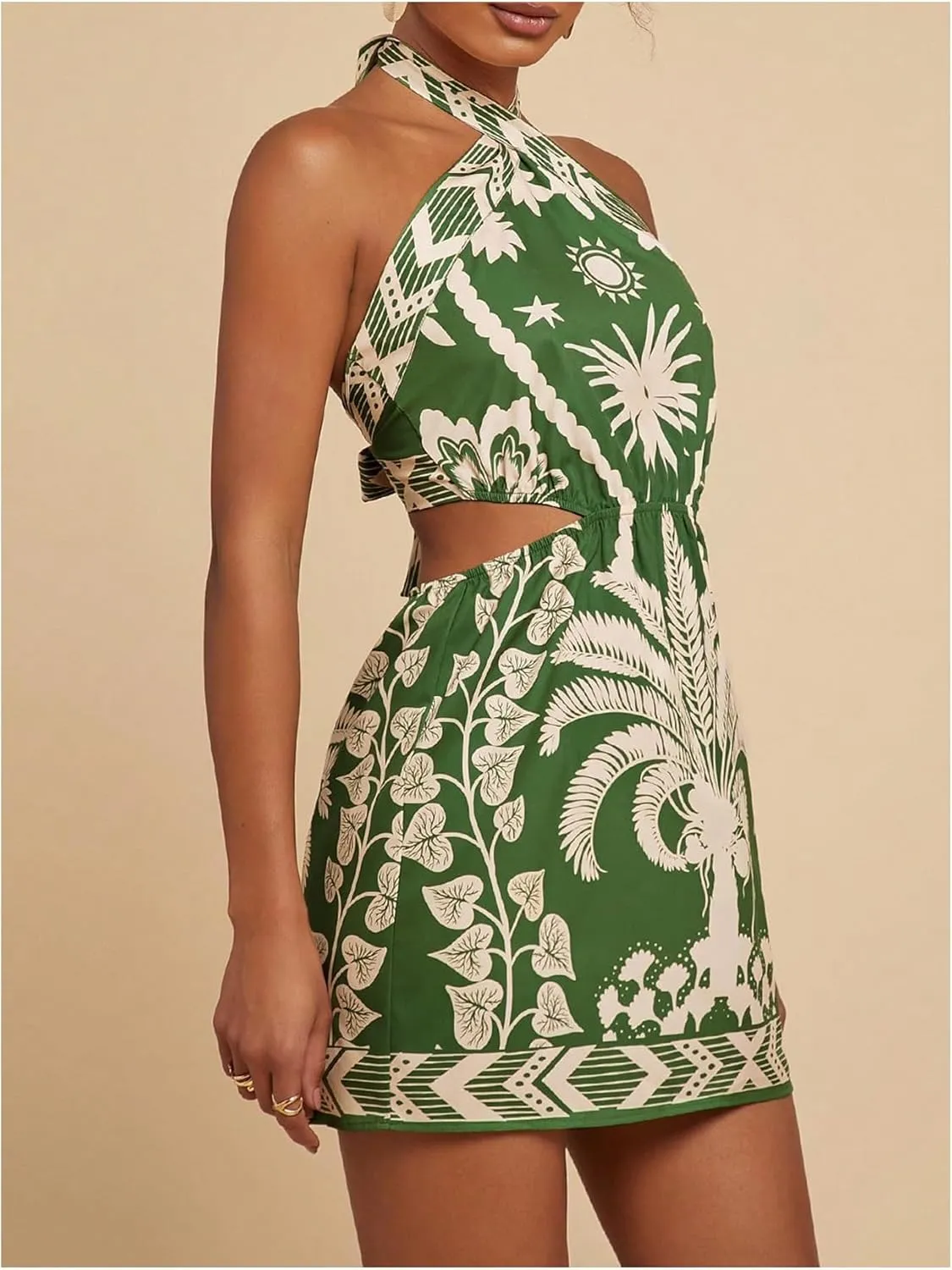 MakeMeChic Women's Chiffon Printed Halter Dress Tie Backless Criss Cross Cut Out Summer Mini Dresses