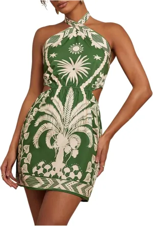 MakeMeChic Women's Chiffon Printed Halter Dress Tie Backless Criss Cross Cut Out Summer Mini Dresses