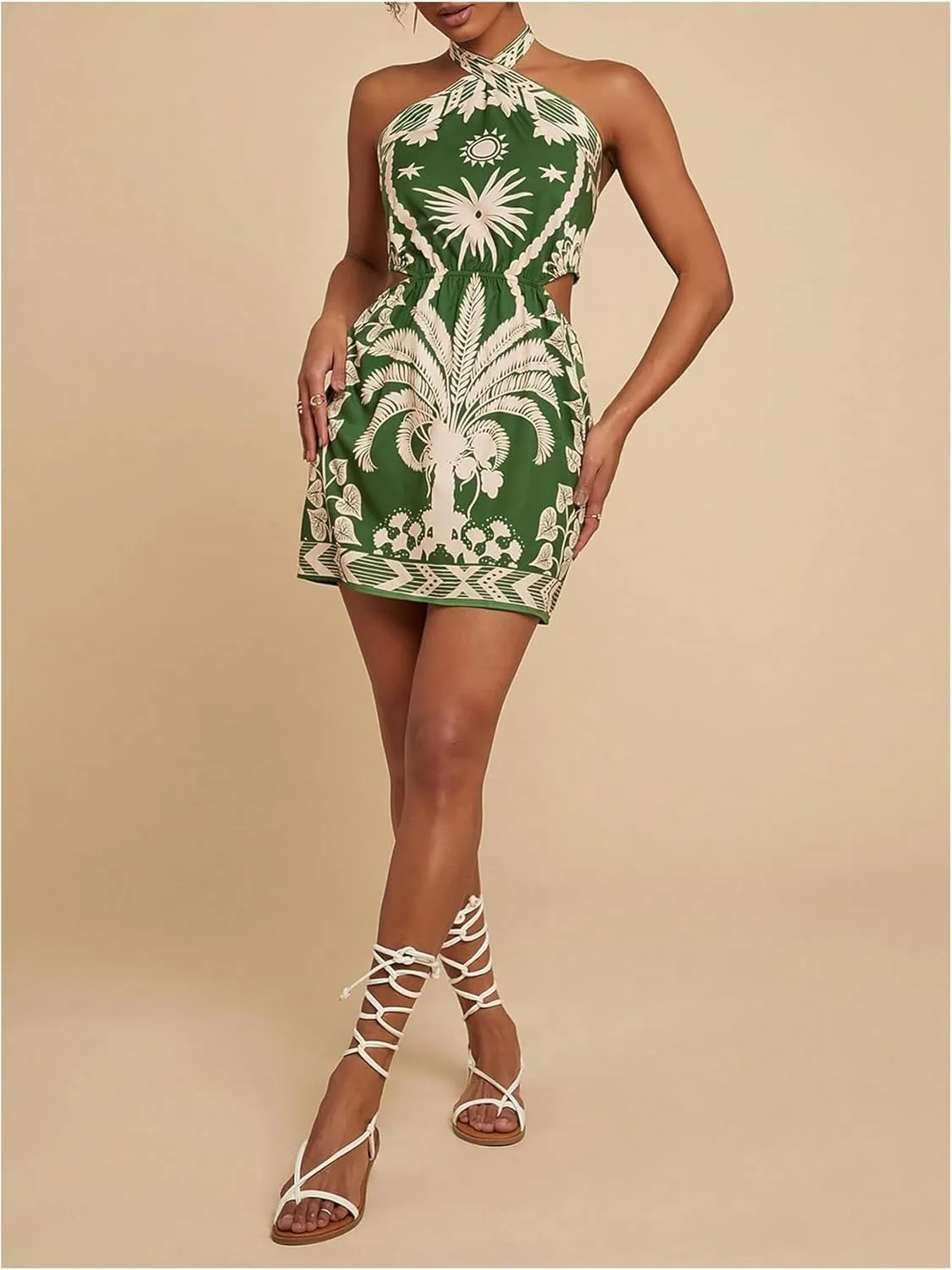 MakeMeChic Women's Chiffon Printed Halter Dress Tie Backless Criss Cross Cut Out Summer Mini Dresses