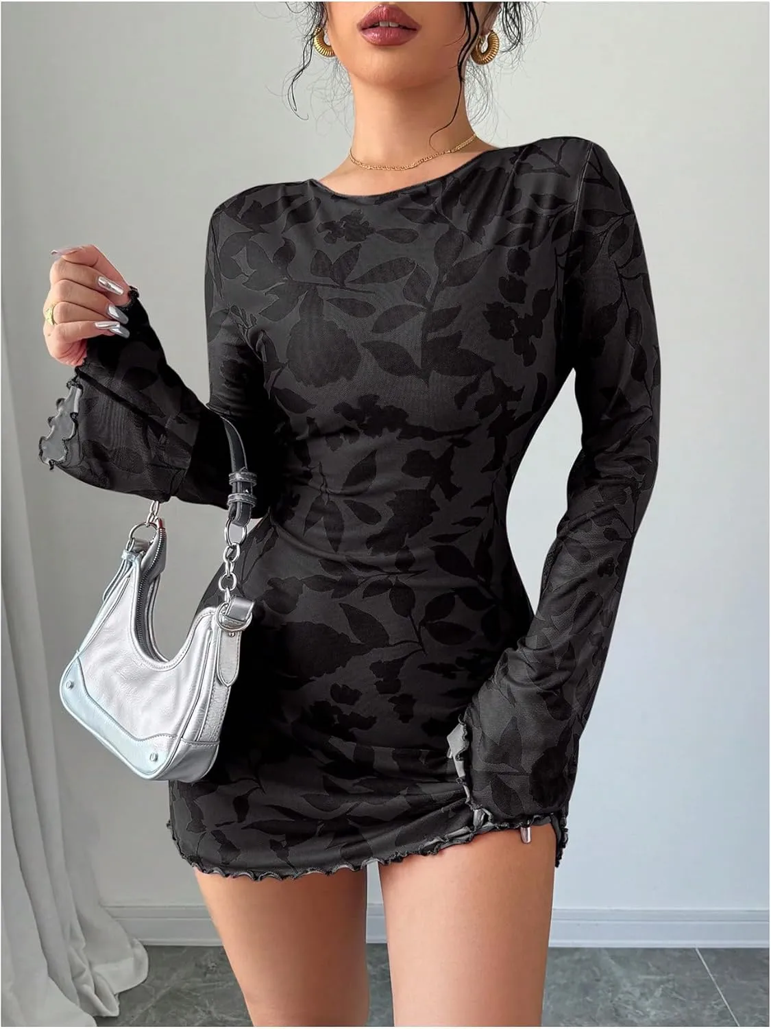 MakeMeChic Women's Floral Print Long Sleeve Mini Dress Mesh Backless Y2k Going Out Dresses