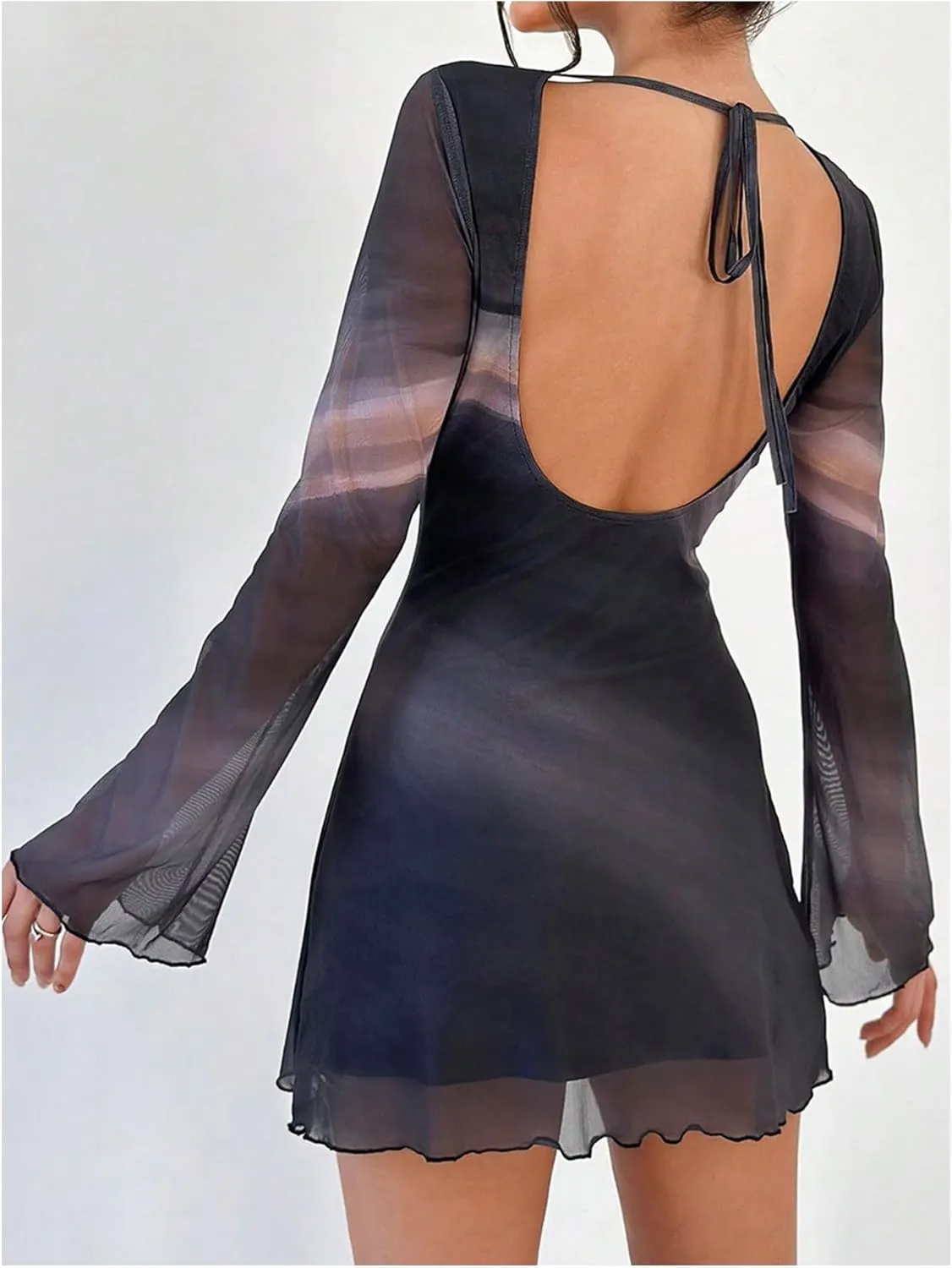 MakeMeChic Women's Floral Print Long Sleeve Mini Dress Mesh Backless Y2k Going Out Dresses