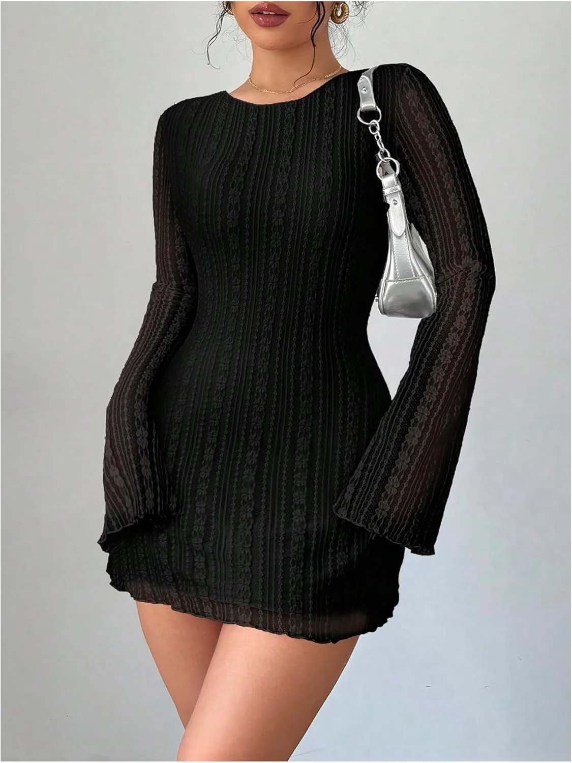 MakeMeChic Women's Floral Print Long Sleeve Mini Dress Mesh Backless Y2k Going Out Dresses
