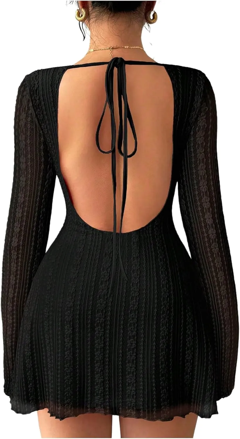 MakeMeChic Women's Floral Print Long Sleeve Mini Dress Mesh Backless Y2k Going Out Dresses