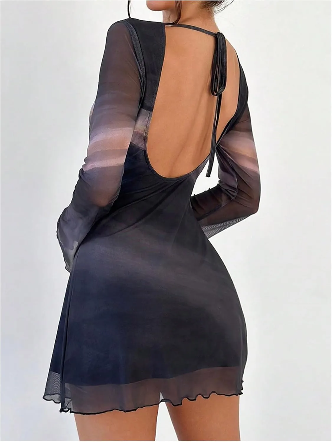 MakeMeChic Women's Floral Print Long Sleeve Mini Dress Mesh Backless Y2k Going Out Dresses