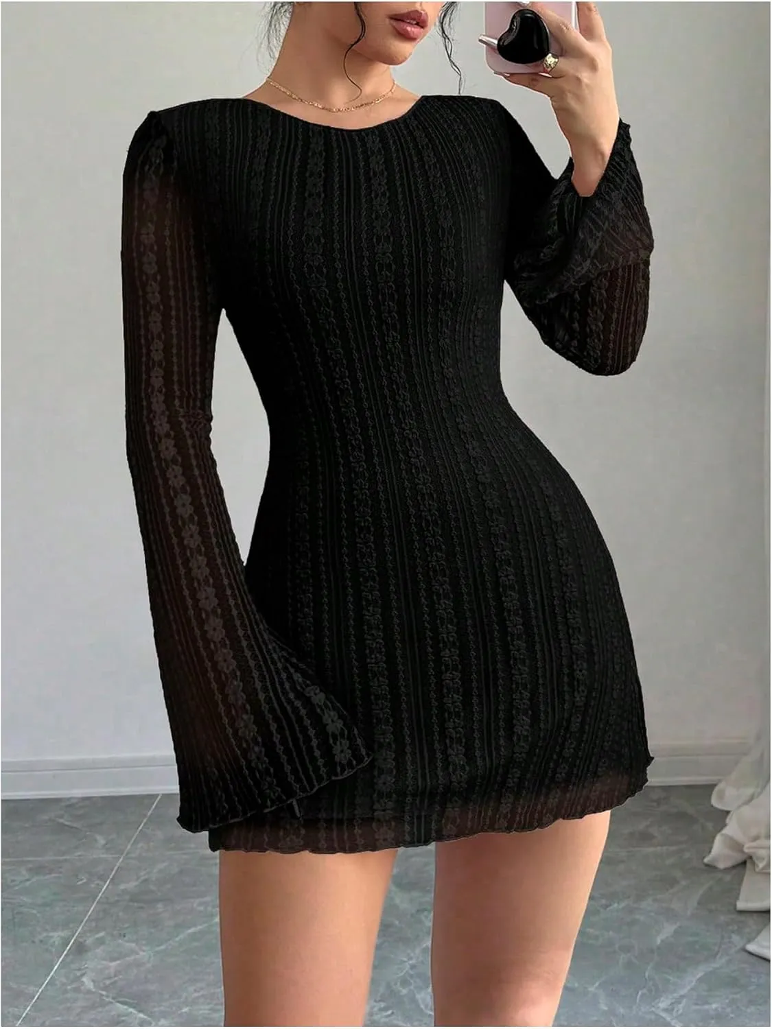 MakeMeChic Women's Floral Print Long Sleeve Mini Dress Mesh Backless Y2k Going Out Dresses