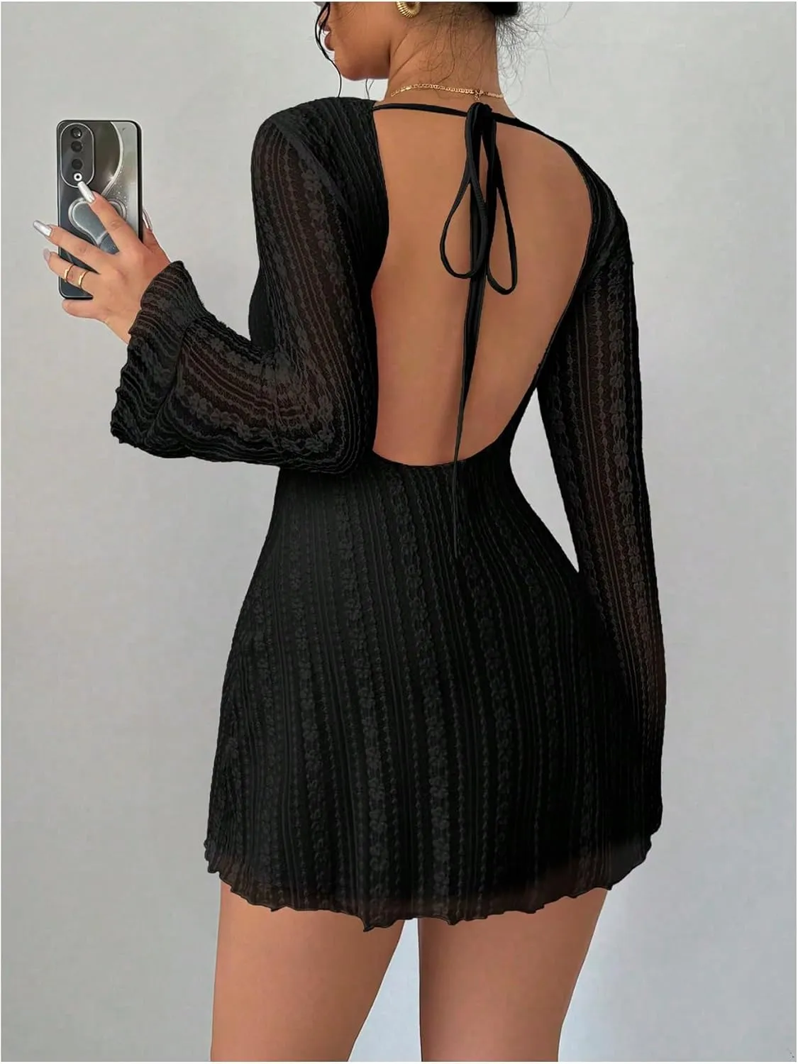 MakeMeChic Women's Floral Print Long Sleeve Mini Dress Mesh Backless Y2k Going Out Dresses