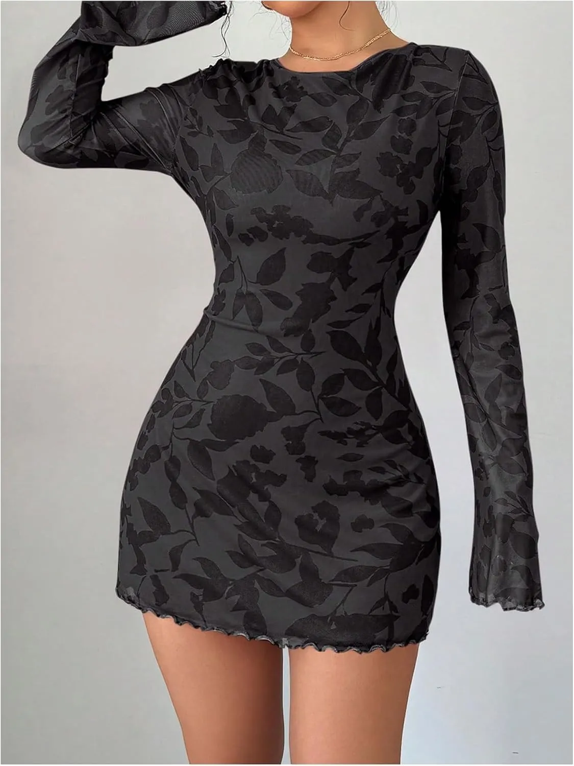 MakeMeChic Women's Floral Print Long Sleeve Mini Dress Mesh Backless Y2k Going Out Dresses