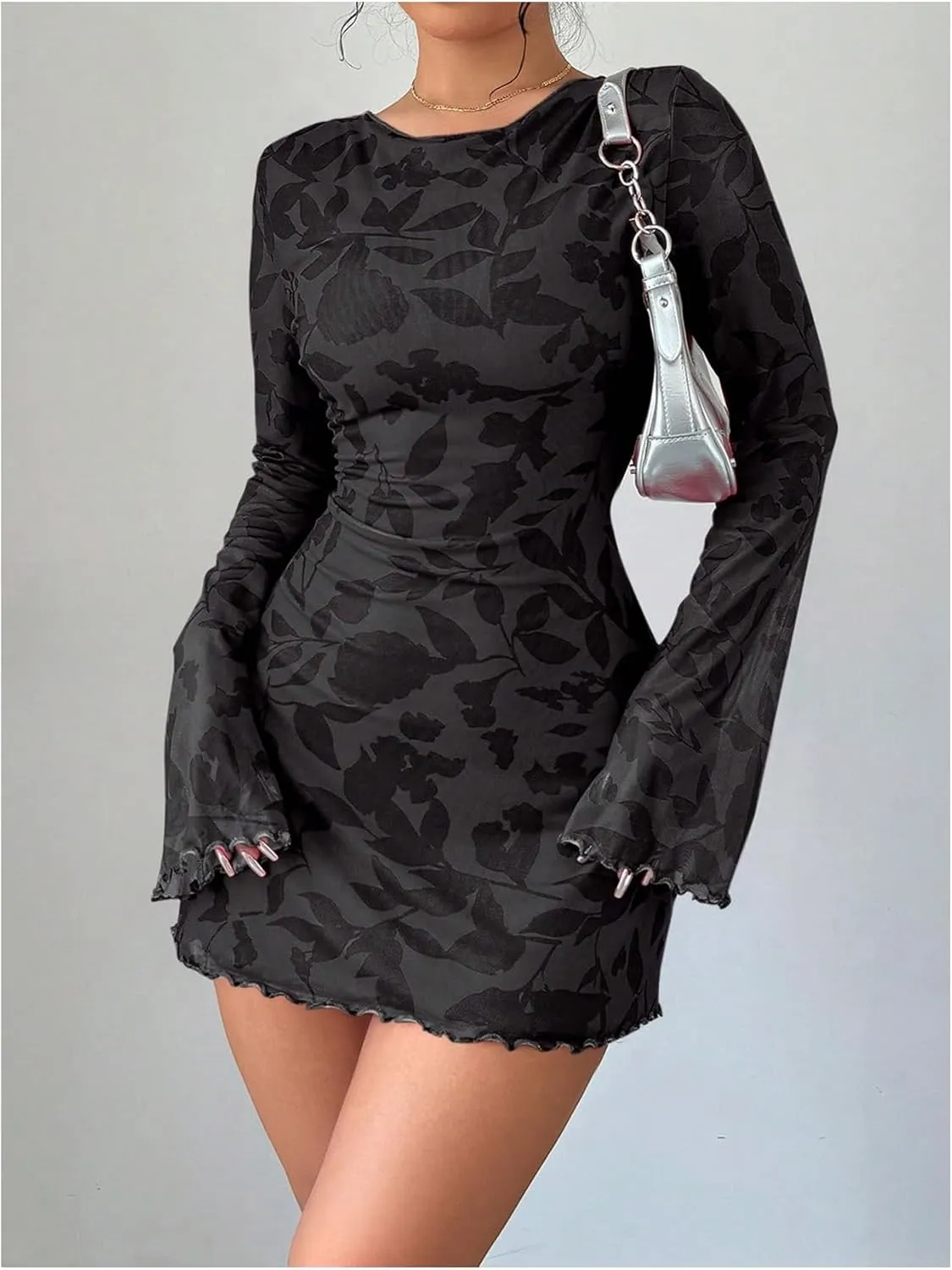 MakeMeChic Women's Floral Print Long Sleeve Mini Dress Mesh Backless Y2k Going Out Dresses