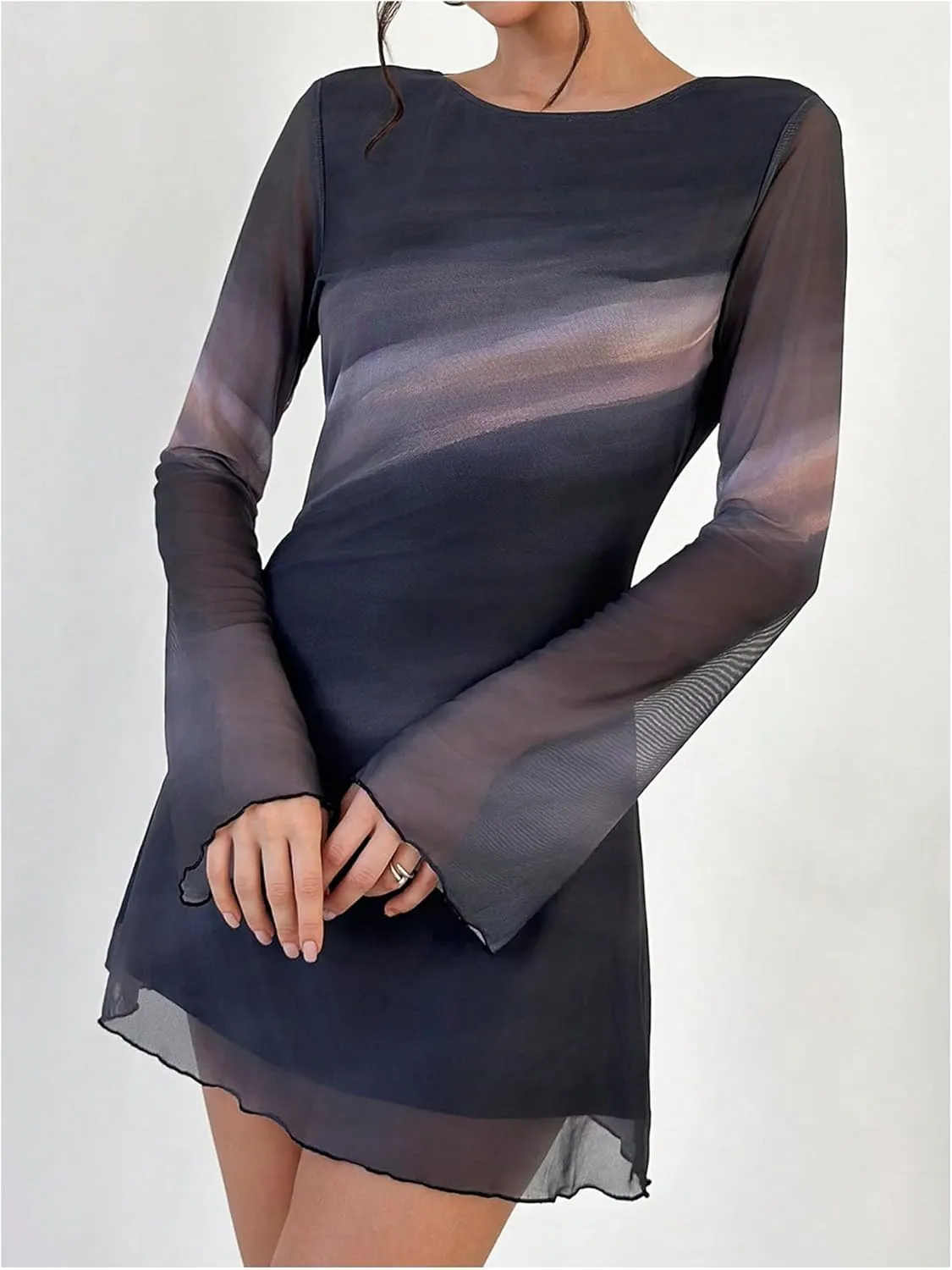MakeMeChic Women's Floral Print Long Sleeve Mini Dress Mesh Backless Y2k Going Out Dresses