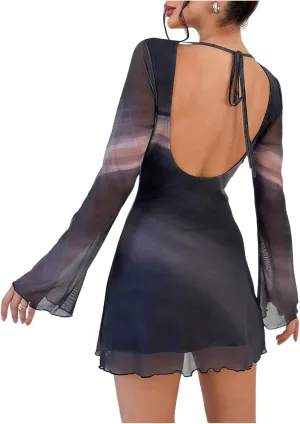 MakeMeChic Women's Floral Print Long Sleeve Mini Dress Mesh Backless Y2k Going Out Dresses