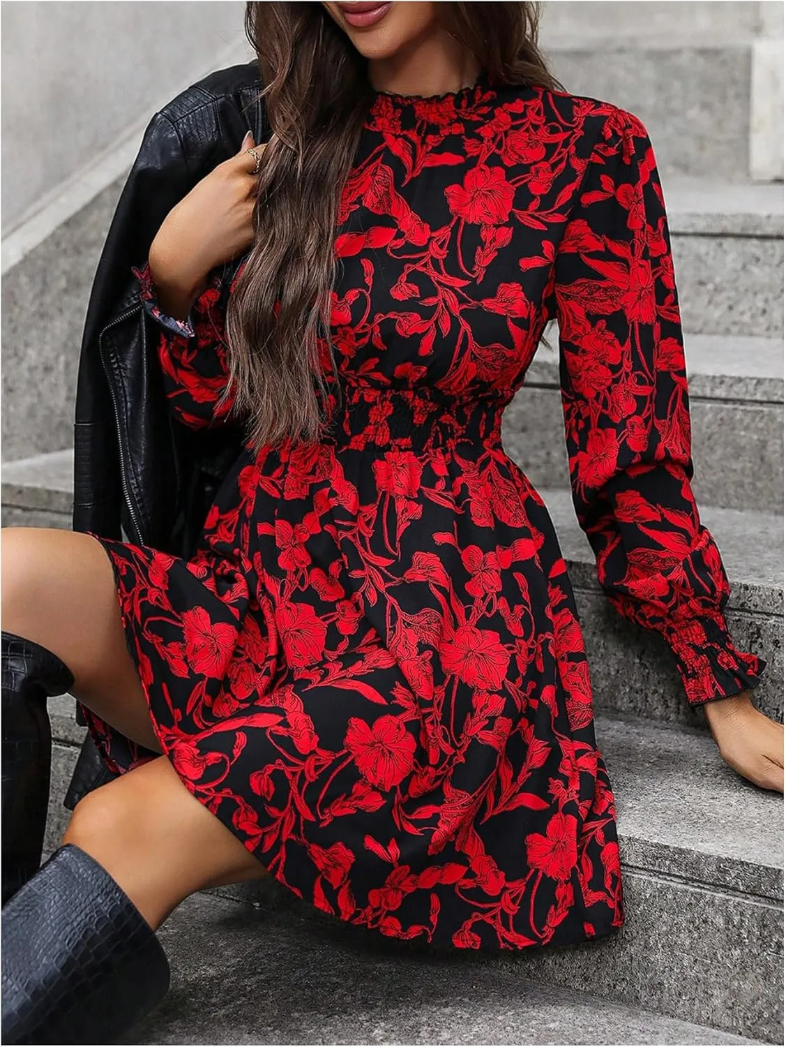 MakeMeChic Women's Floral Print Long Sleeve Mock Neck Shirred A Line Casual Short Mini Dress