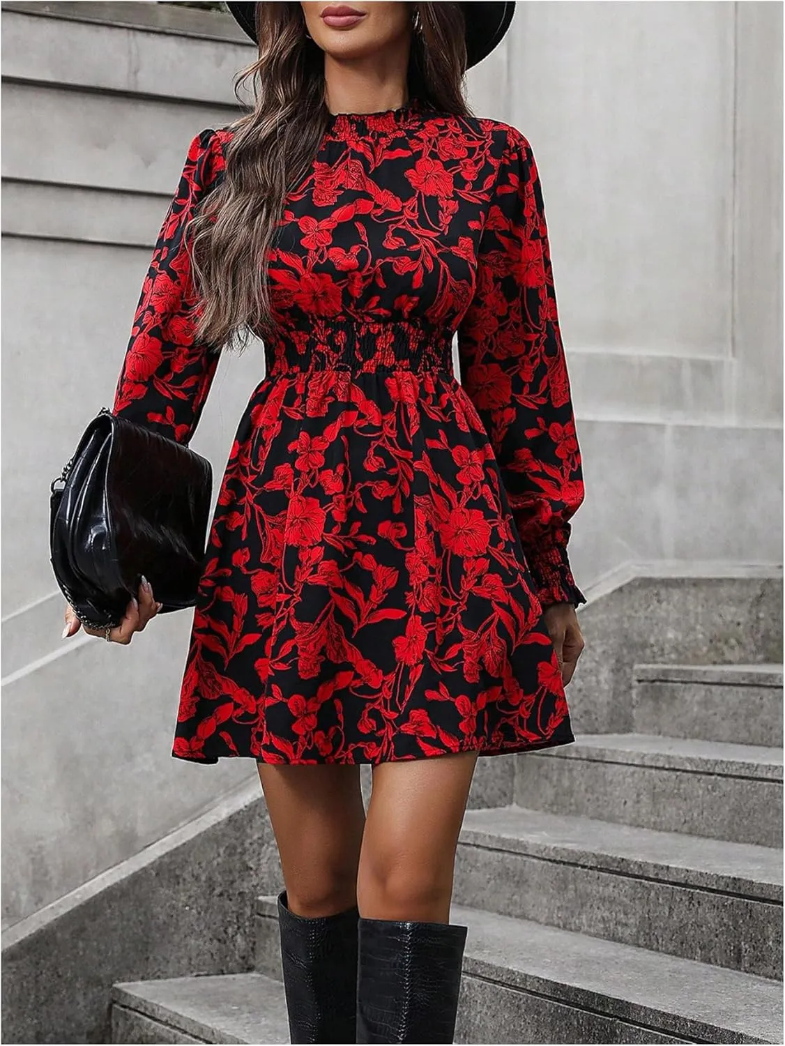 MakeMeChic Women's Floral Print Long Sleeve Mock Neck Shirred A Line Casual Short Mini Dress