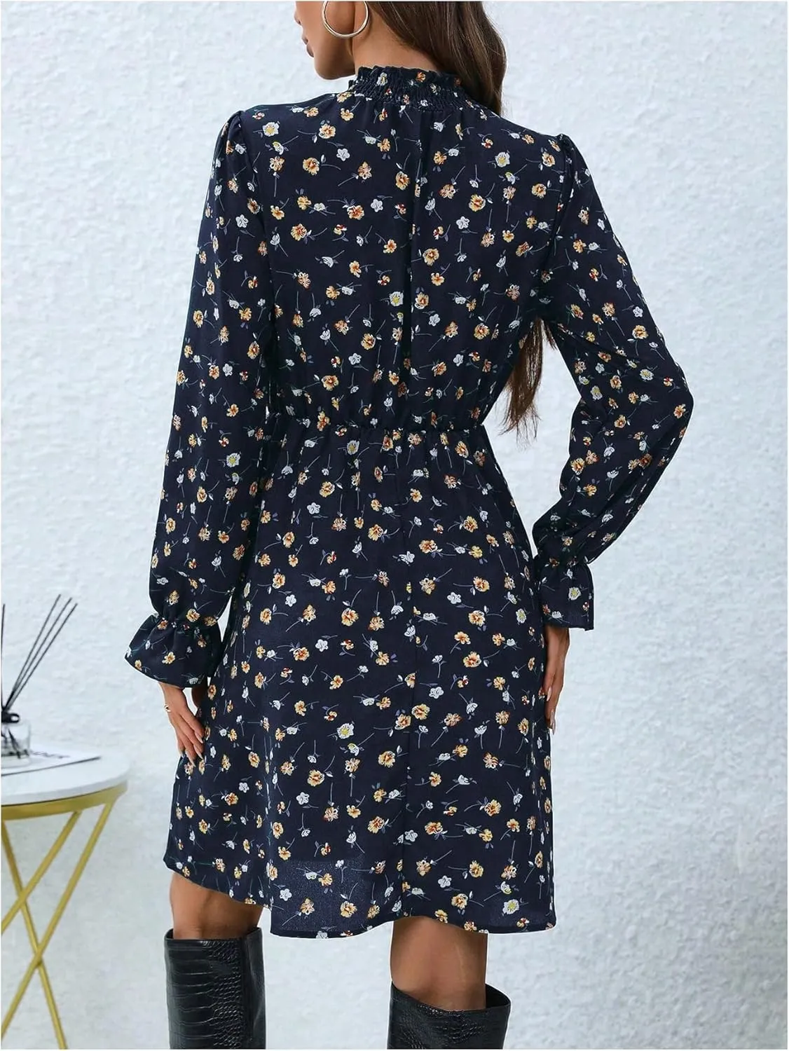 MakeMeChic Women's Floral Print Long Sleeve Mock Neck Shirred A Line Casual Short Mini Dress