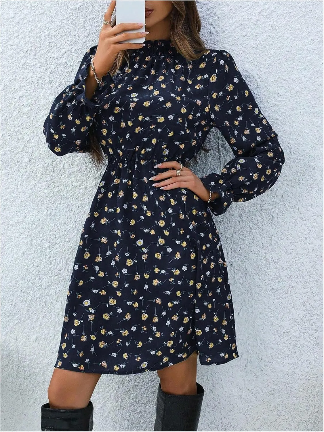 MakeMeChic Women's Floral Print Long Sleeve Mock Neck Shirred A Line Casual Short Mini Dress