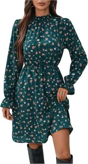 MakeMeChic Women's Floral Print Long Sleeve Mock Neck Shirred A Line Casual Short Mini Dress