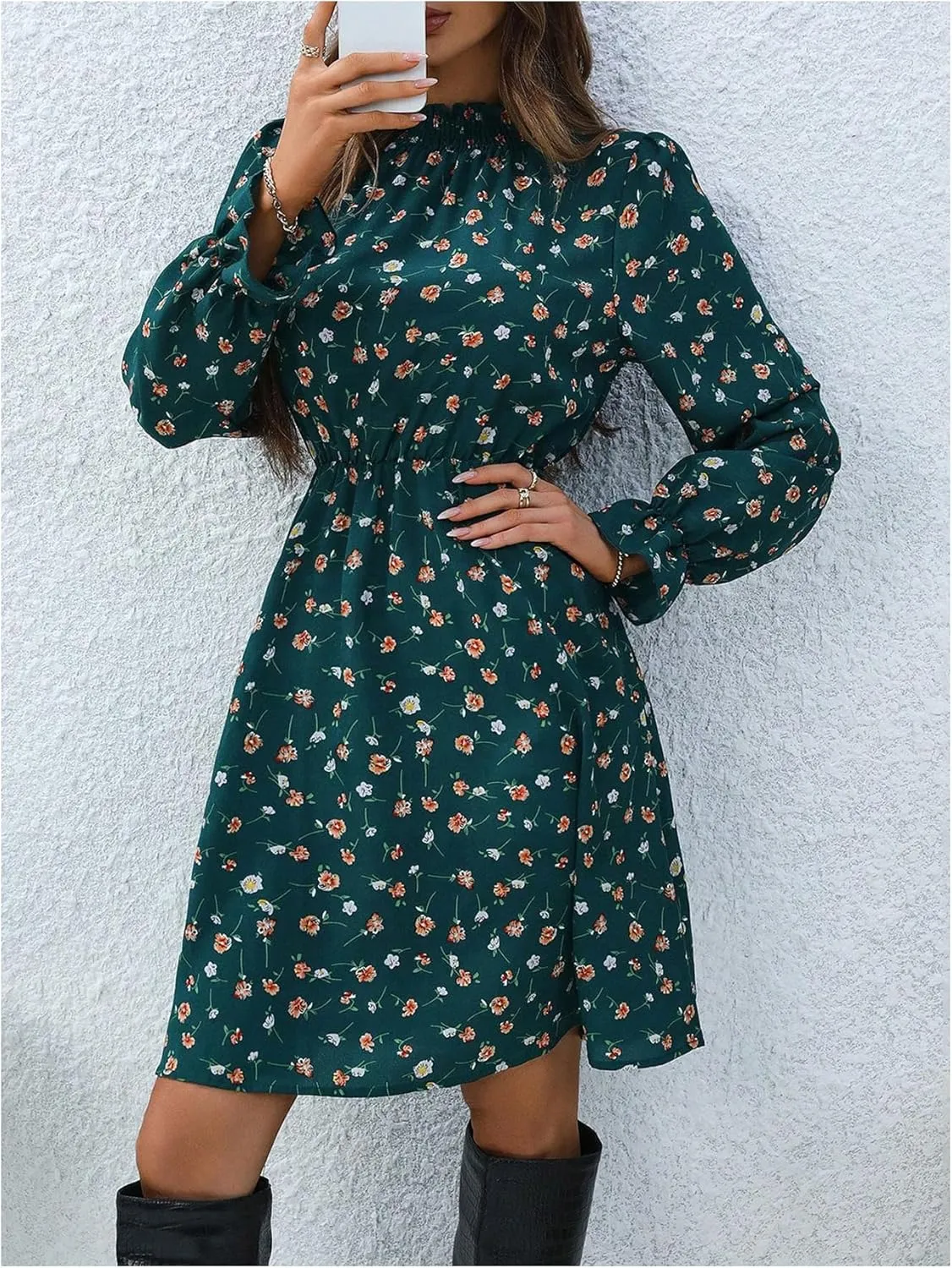 MakeMeChic Women's Floral Print Long Sleeve Mock Neck Shirred A Line Casual Short Mini Dress