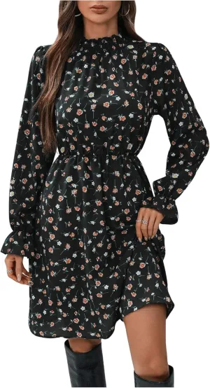 MakeMeChic Women's Floral Print Long Sleeve Mock Neck Shirred A Line Casual Short Mini Dress