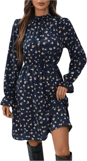 MakeMeChic Women's Floral Print Long Sleeve Mock Neck Shirred A Line Casual Short Mini Dress