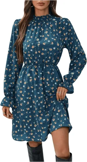 MakeMeChic Women's Floral Print Long Sleeve Mock Neck Shirred A Line Casual Short Mini Dress