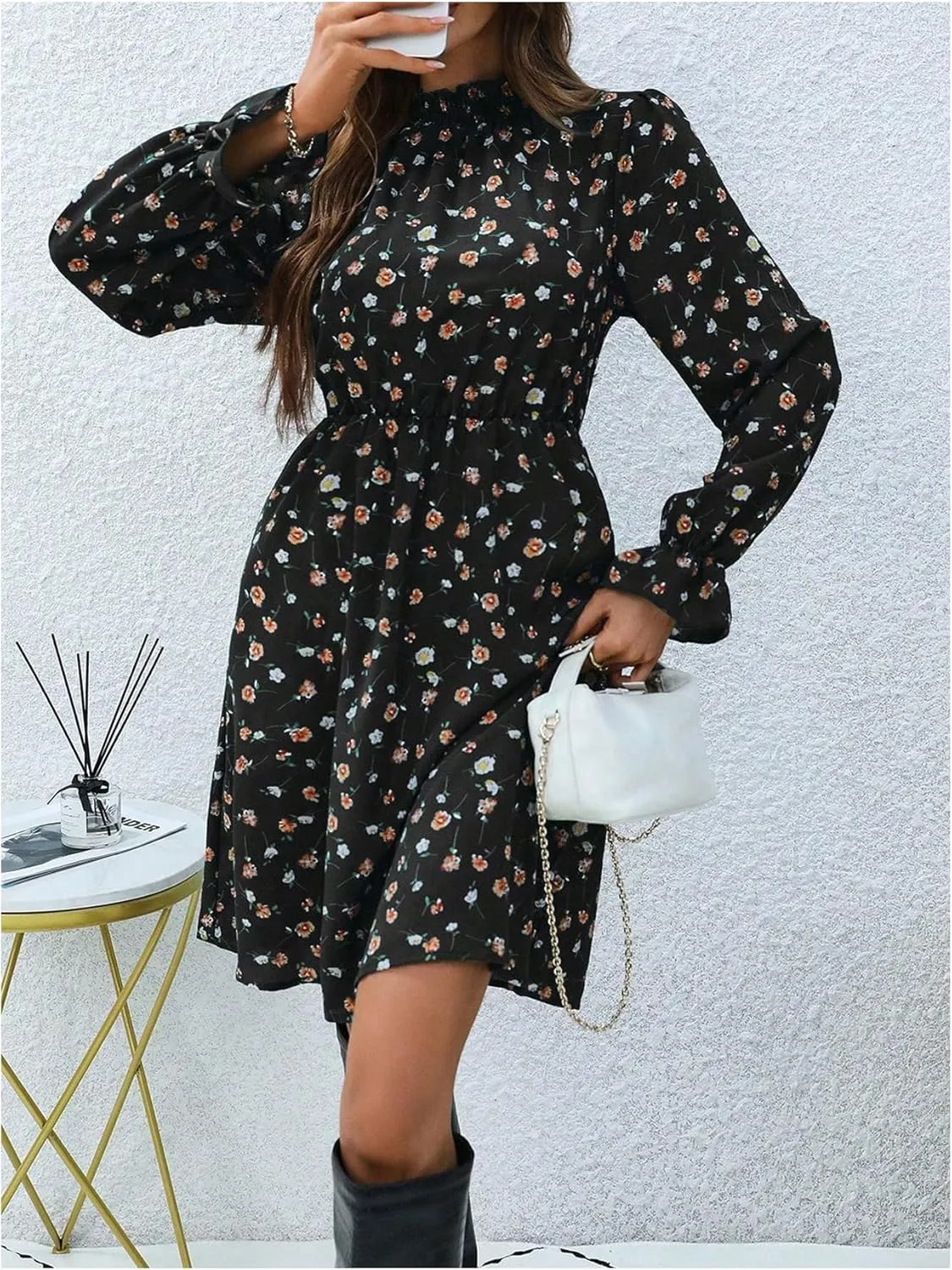 MakeMeChic Women's Floral Print Long Sleeve Mock Neck Shirred A Line Casual Short Mini Dress