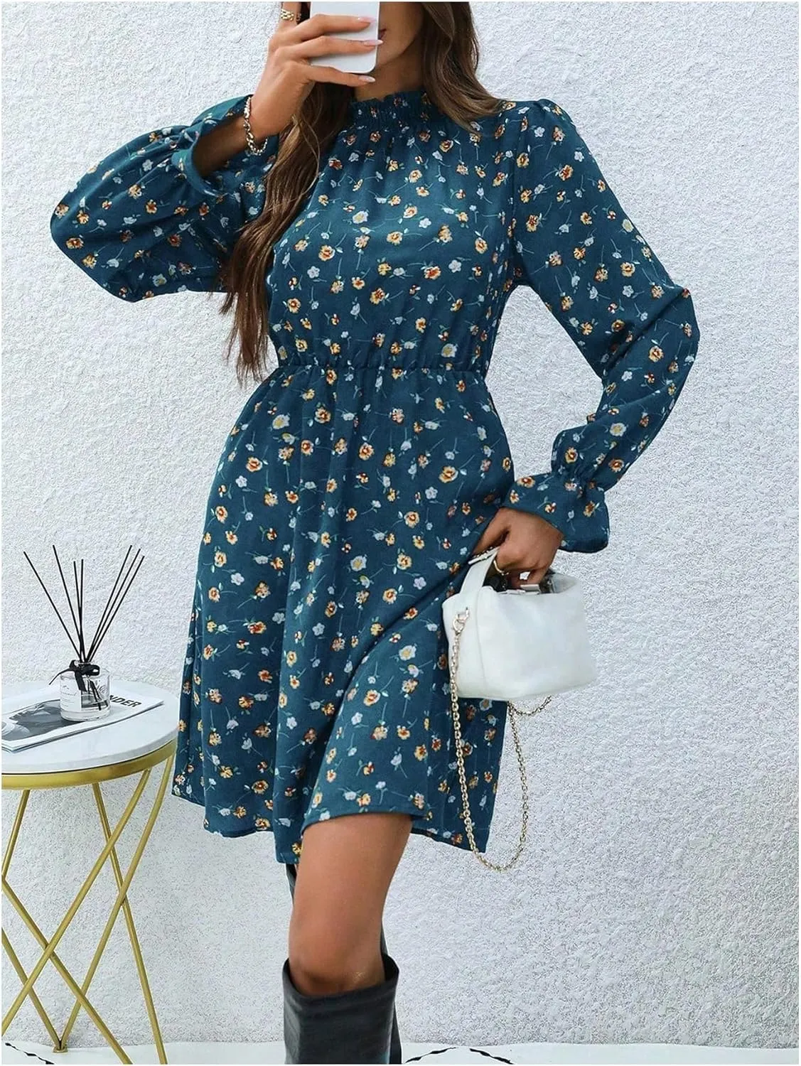 MakeMeChic Women's Floral Print Long Sleeve Mock Neck Shirred A Line Casual Short Mini Dress