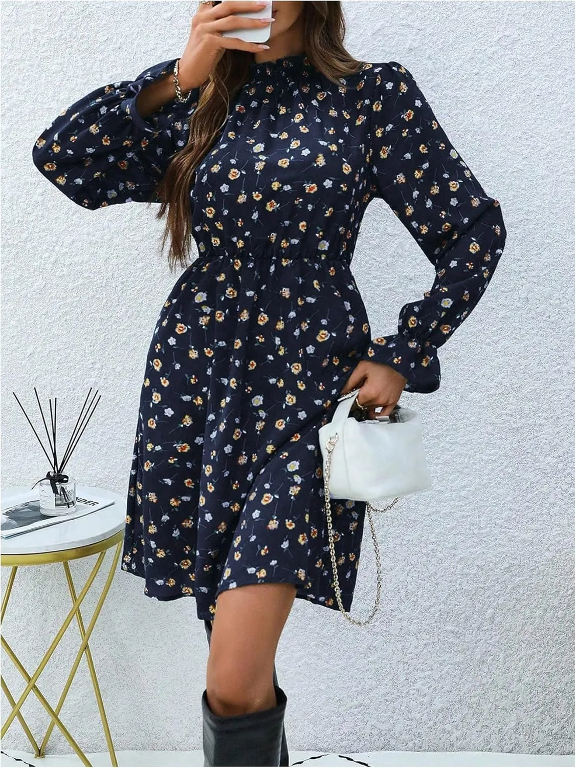 MakeMeChic Women's Floral Print Long Sleeve Mock Neck Shirred A Line Casual Short Mini Dress