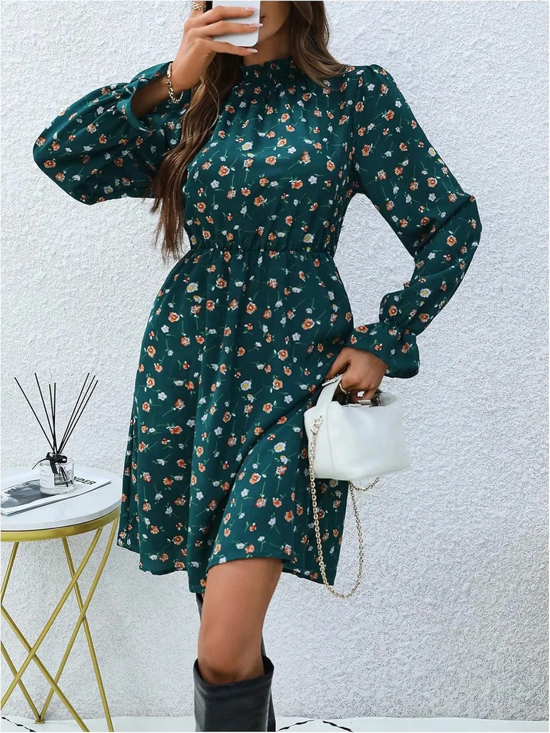 MakeMeChic Women's Floral Print Long Sleeve Mock Neck Shirred A Line Casual Short Mini Dress