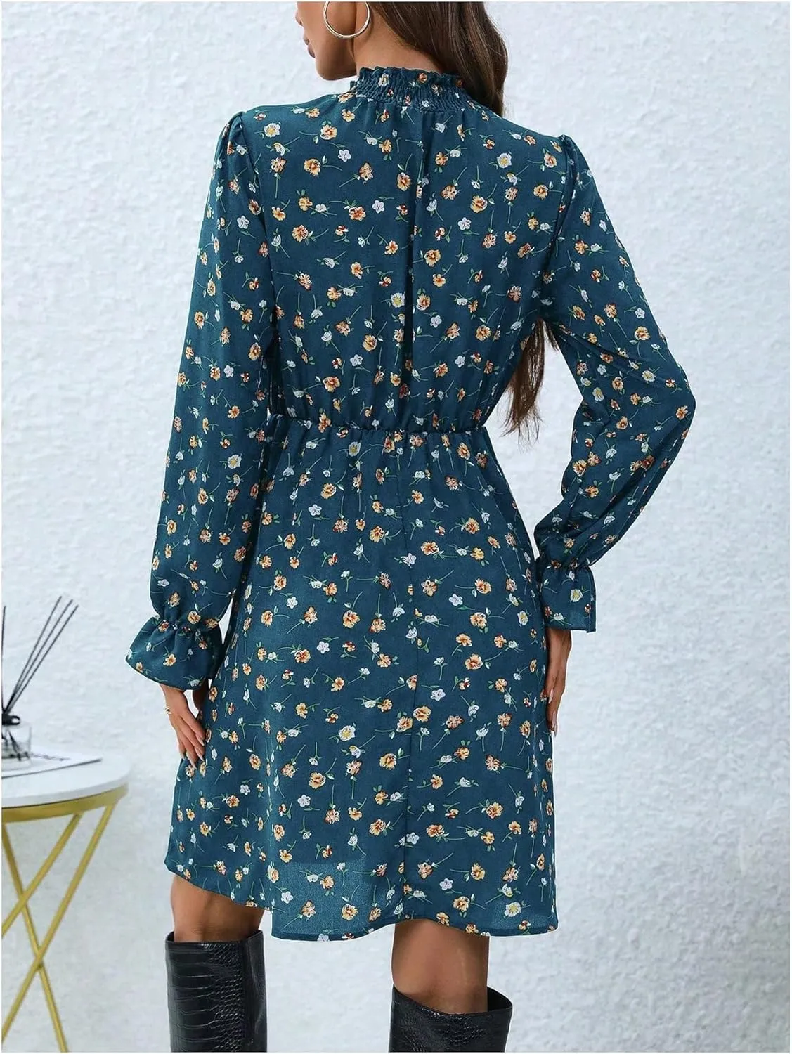 MakeMeChic Women's Floral Print Long Sleeve Mock Neck Shirred A Line Casual Short Mini Dress